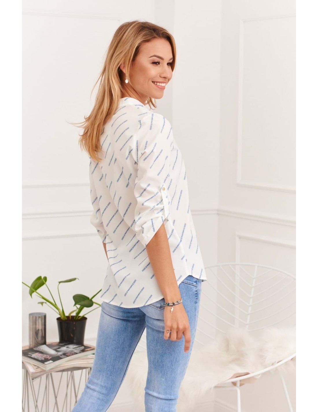 Airy patterned shirt blouse, cream and blue 0493 - Online store - Boutique